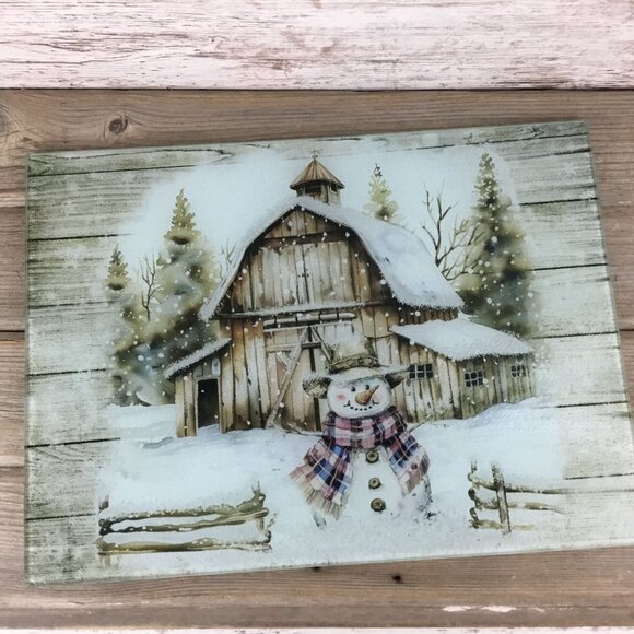 Rustic Country Snowman Glass Cutting Board - Picture 1 of 8